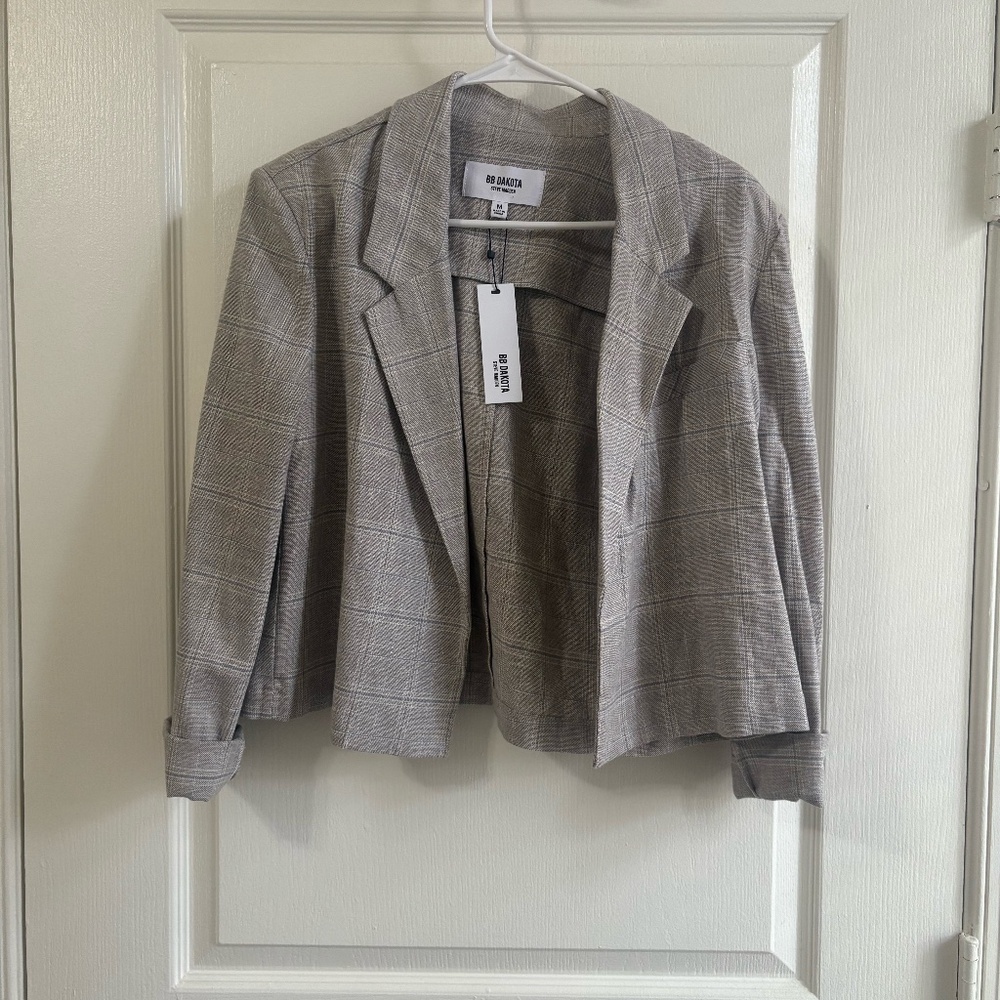 BB Dakota Cropped Relaxed-Fit Blazer – Light Grey with Light Blue Lining